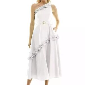Taylor Ruffled A Line One Shoulder‎ Dress White Bloom Midi Belt Womens 10